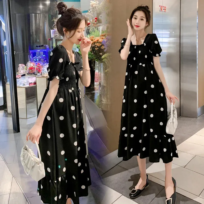 여름 광장 칼라 임산부 쉬폰 드레스 짧은 소매 패션 출산 폴카 도트 높은 허리 임신 옷 240326