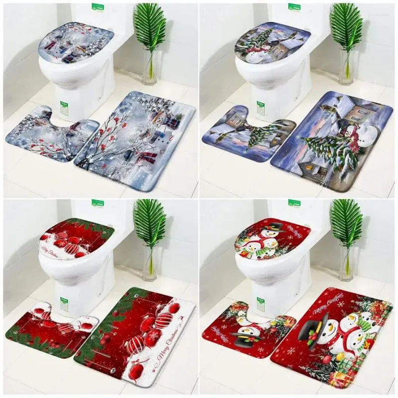 Tappetini da bagno Set tappetino natalizio Divertente pupazzo di neve Palla di corda rossa Albero di Natale Foresta invernale Scena innevata Decorazioni per il bagno di casa Tappeti Copri coperchio WC