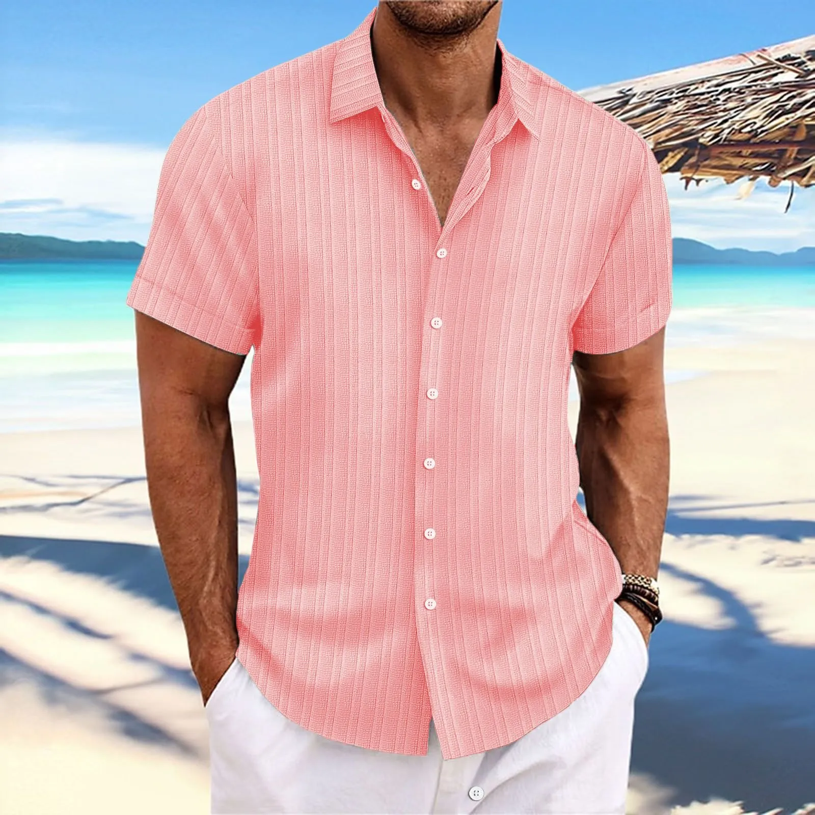 SAMERM Men's Linen Blend Short Sleeve Shirt - Lightweight Casual Button Down For Summer, Beach, & Office