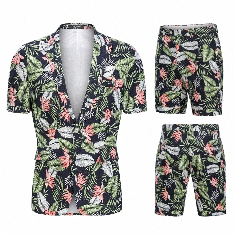 hawaii Style Summer Short Men Suits 2pcs Set Beach Cott Men Suit Short-sleeve Blazer US Big Size Print Suit Blazers+Shorts Set h6oW#