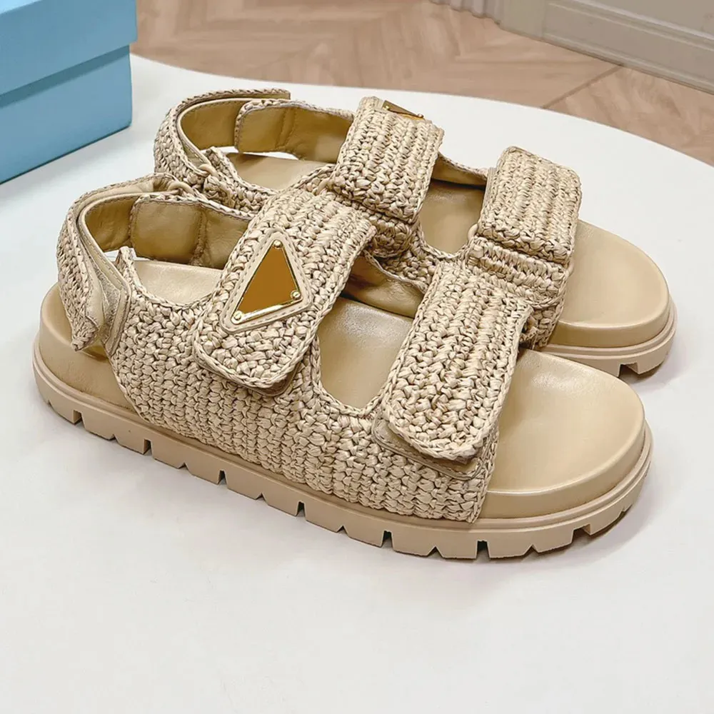 Designer Sandal Woman Crochet Slides Black Platform Wedges Straw Flatform Slipper Summer Flat Comfort Mule Beach Pool Two Straps