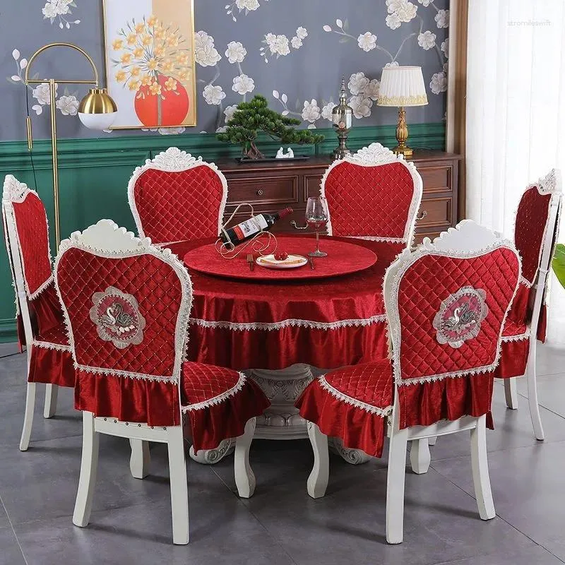 Table Cloth Chinese Style Round Home Decorative Dining Chair Cover Set Quilted Flower Pattern Dust Tablecloth