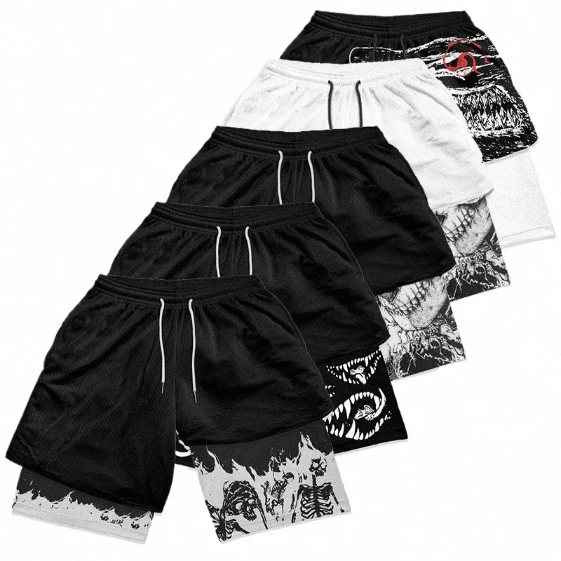 Y2K Gothic Punk Skull Print 2 en 1 Shorts pour hommes Gym Performance athlétique Shorts avec poches Entraînement d'été Fitn Running g3J6 #