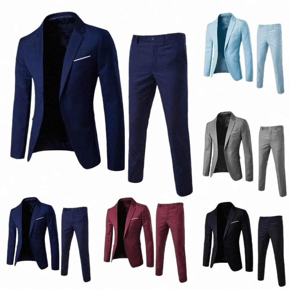 1 zestaw modnych mężczyzn Blazer Spodnie Slim Fit Super miękkie miękkie spodnie spodnie Pure Kolor Pockets Blazer Spods D4DS#