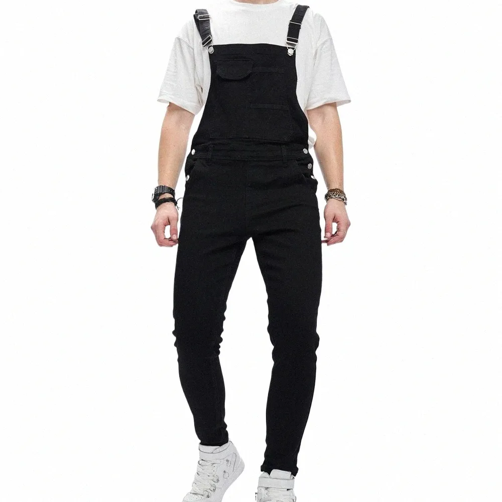 Jesienna stylowa mężczyźni Prosty solidny kolor Slim BIB kombinezon Jumpsuits Dżinsy streetwear męskie paski dżinsy C96x#