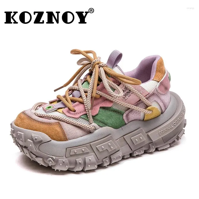 Chaussures décontractées Koznoy 5cm Air Mesh Pigskin Daim Véritable Cuir Chunky Sneaker Femmes Bottes Couleur Mixte Plate-forme Wedge Été Vulcaniser