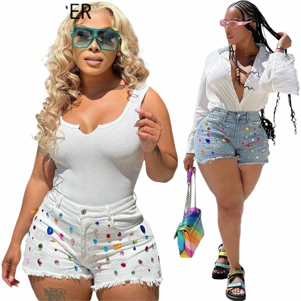 Fagadoer Fi Coloré Diamds Glands Denim Shorts Femmes Taille Haute Poche Slim Jean Casual Femme Bas Assortis 2024 f5AB #