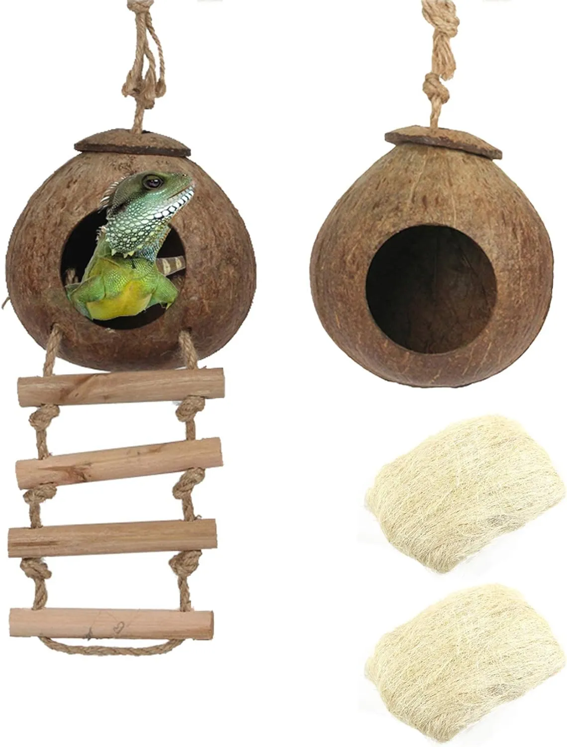 Zoupgmrhs hamiledyi gecko coco den 2 pcs, cachettes de reptile naturelles mini condo pour lézards, texture de noix de coco fournissent de la nourriture pour les animaux de compagnie