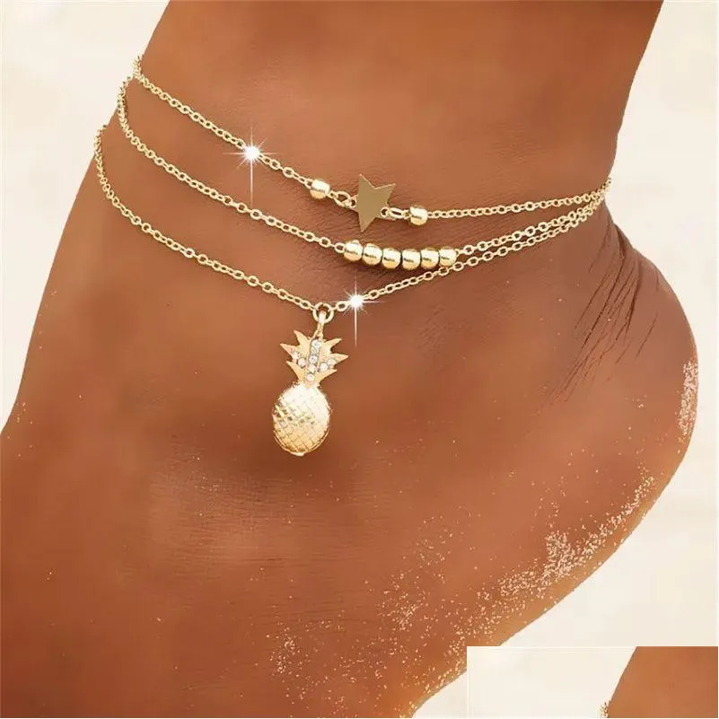 Ankiety łańcuch kostki w zawieszek ananasowy kostka z koralikami 2024 letnia plażowa stóp biżuteria moda 14K złoto dla kobiet Drop dostawa otjkx