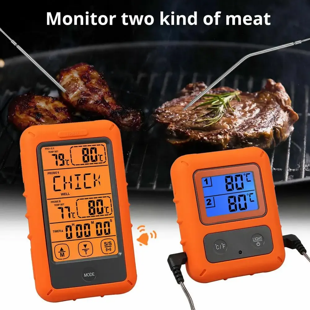 ゲージキッチンデジタル肉調理温度計ワイヤレスリモコンオーブンバーベキューグリル用の2つのプローブ付き