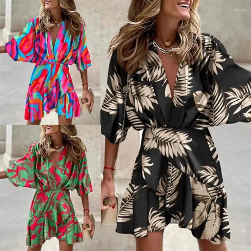 Casual Dresses Summer Irregular Mini Dress Fashion Print Elegant Bohemia Sundress Bat Sleeve Ruffles Vestidos For Women