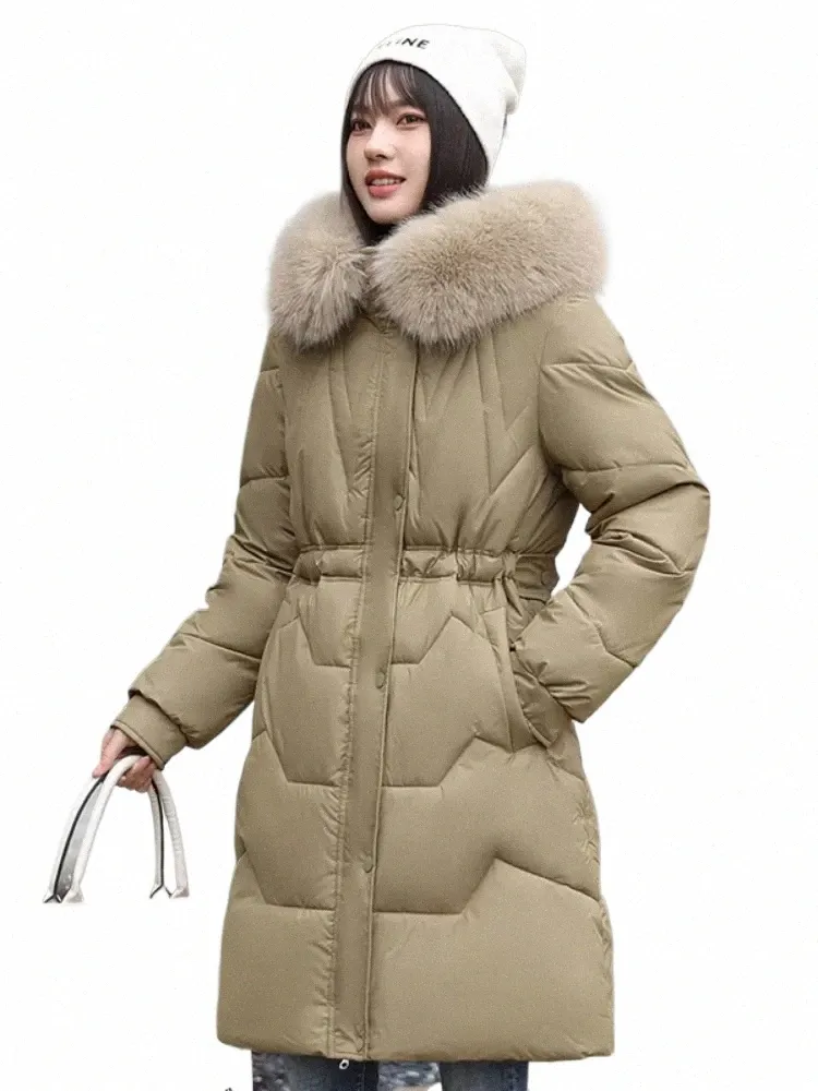 Jaqueta feminina para baixo inverno nova gola de pele com capuz comprimento médio parkas coreano fi casual solto espessamento quente para baixo casacos cott i3dq #