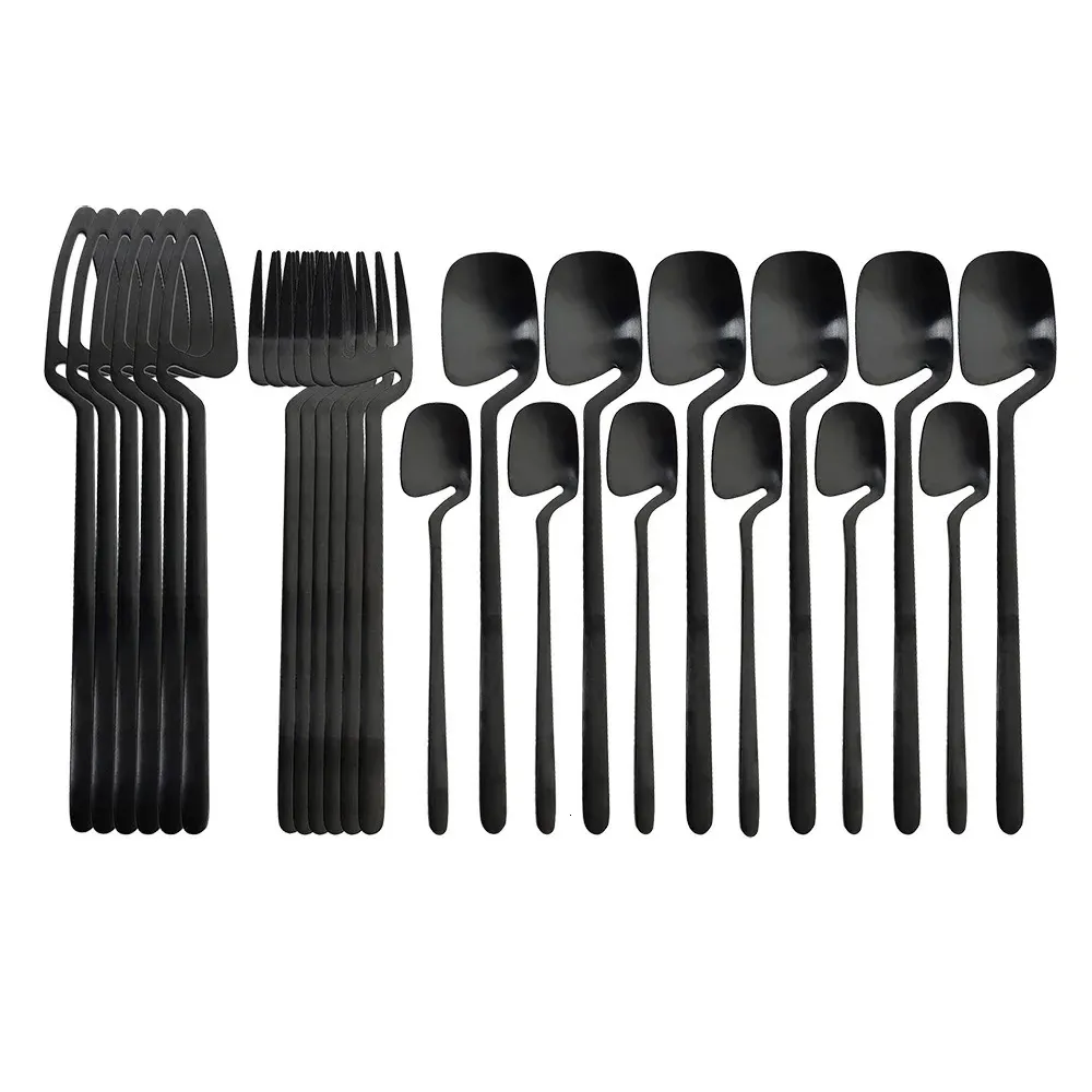 24pcs Black Cutlery Set Spoon Fork Knife Tableware Kitchen Decor Dinnerware Sets Ice Cream Desserts Soup Coffee Use 240318