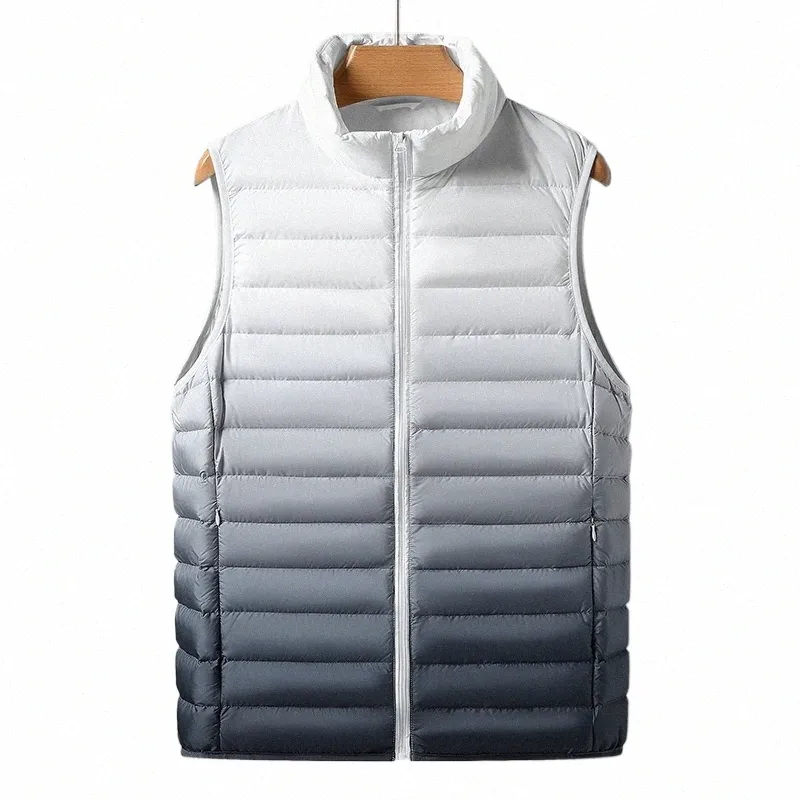 ultra leve para baixo coletes homens 90% pato branco para baixo gradiente coletes de inverno fi portátil sleevel colete homme quente parkas 379d #