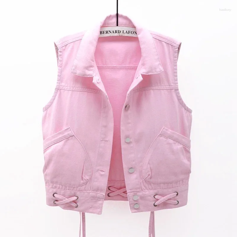 Women's Vests Pink Denim Vest Women Korean Summer Waistcoat Student Sleeveless Jacket Coat 2024 Size Loose Short Big Pocket Jeans Female