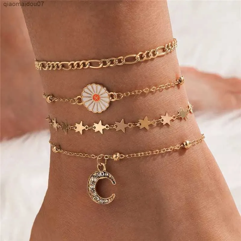 Tobilleras HI MAN 4 piezas / set Luna de cristal mixta europea Margarita pequeña Pulsera de tobillo con cuentas redondas pequeñas Joyería de viaje exquisita y simple para mujeres L2403