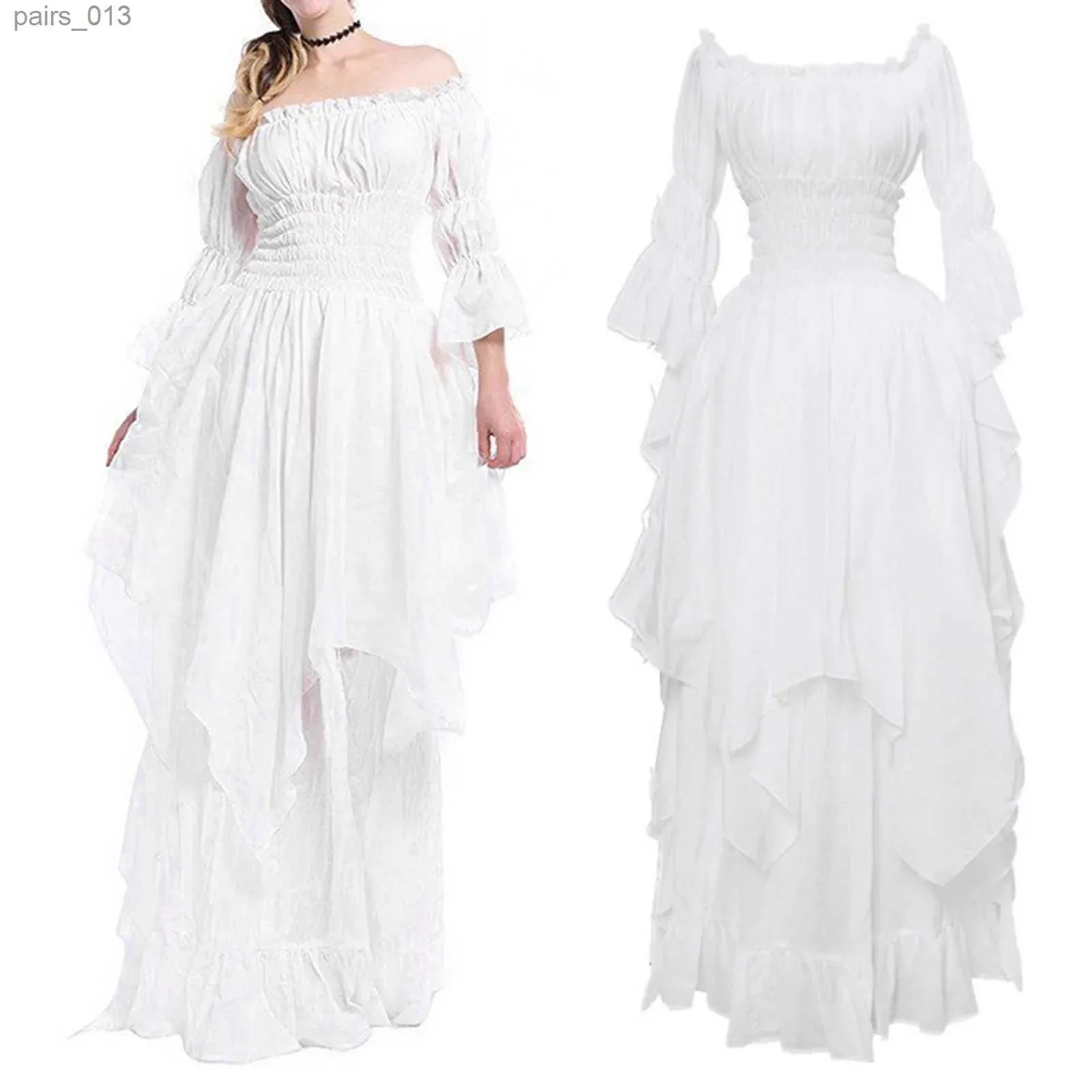 Grundlegende Freizeitkleider Damen High Low Kleid Puffärmel Schulterfrei Rüschen Mittelalterlich Kommen Sie für Frauen Cosplay Midi Urlaub Dresse yq240328