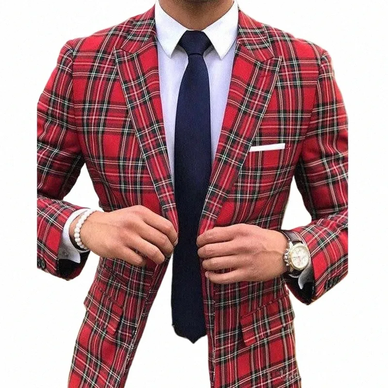 Fi Scottish Plaid Hommes Costumes pour mariage Groom Tuxedos Slim Fit Peaked Revers Costume masculin 2 pièces Blazer avec pantalon 2023 D2FY #