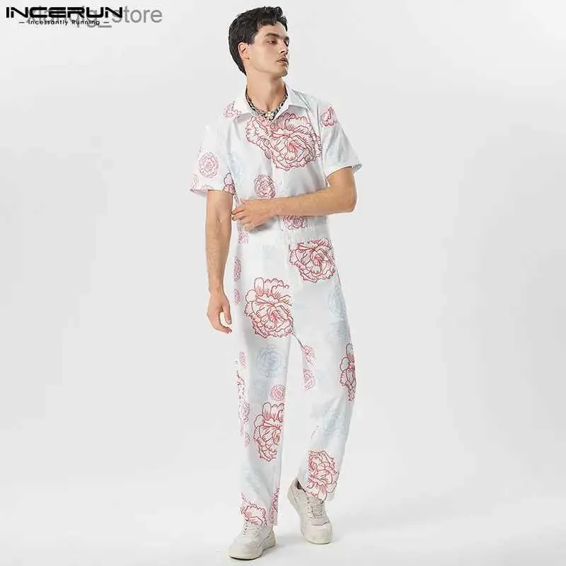 Herr t-shirts 2023 män jumpsuits blommutskrift lapel kort ärm rolig löst knapp ner streetwear casual manliga overall s-5xl24328