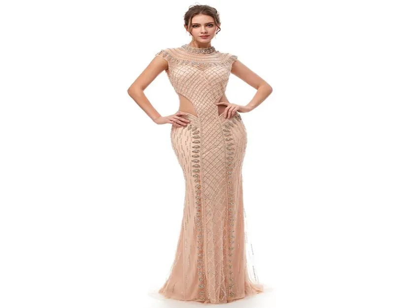 100 gerçek görüntü 2019 Şampanya Kısa Kollu Denizkızı Prom Elbiseleri Sequins Highneck Tulle Hollow Akşam Partisi Ellikleri 54012879822