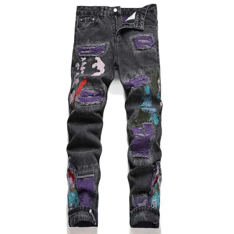 Herr jeans ny punk stil svart tår lapp jeans mitt midja ultra tunna mens byxor hip hop modekläder j240328