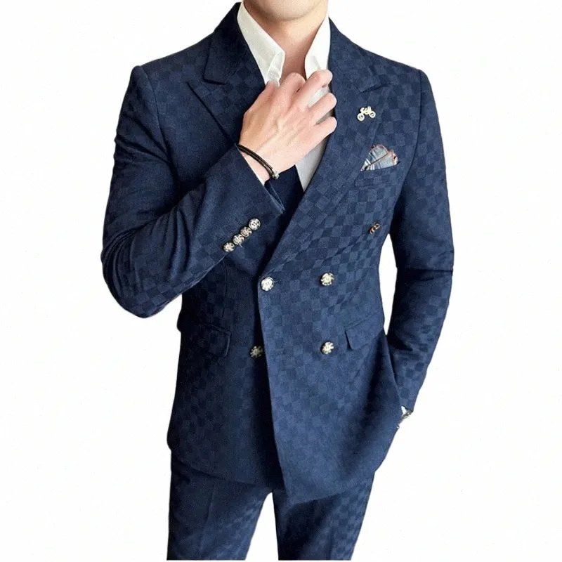 giacca + pantaloni 2 pezzi blu albicocca busin partito abiti da uomo doppio petto stile formale custom made smoking dello sposo X0Dy #