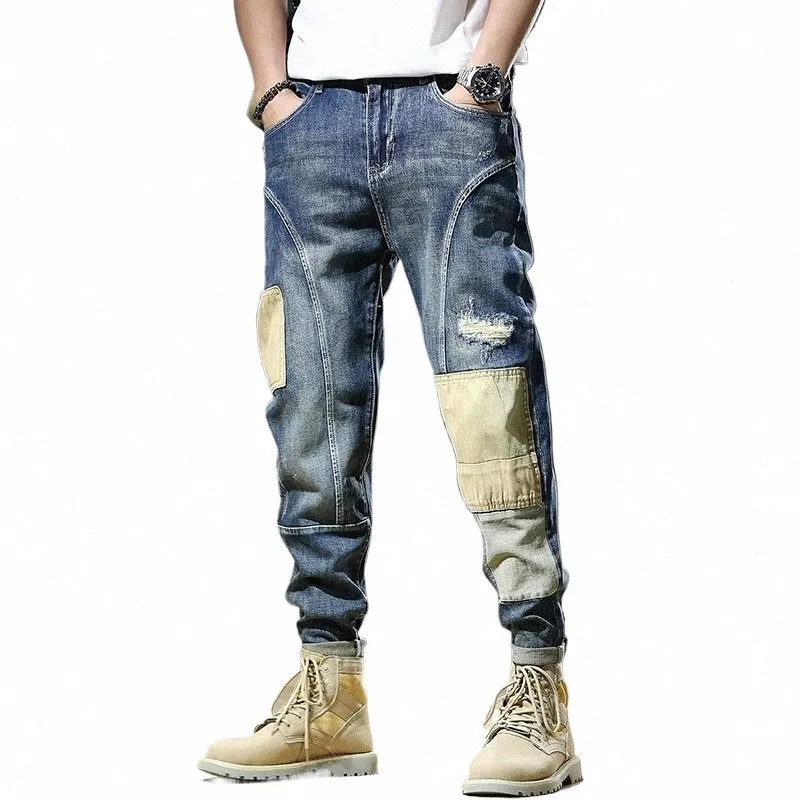 Jeans Hombres Baggy Streetwear Pantalones Vaqueros de verano Ropa Hip Hop Fi Patchwork Ripped Jean Pierna recta Pantalones de mezclilla azul b6JT #