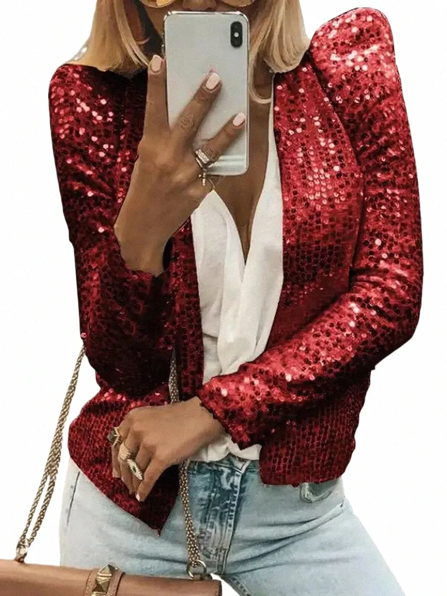 women's Sequin Embellished Lg Sleeve Open Frt Cardigan Shrug Glitter Bolero Jacket for Party Club Outfit 91gI#