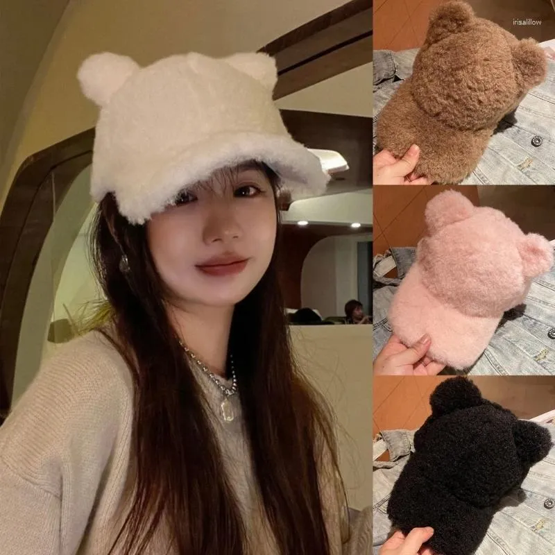 Ball Caps Adult Plush Baseball Windproof Harajuku Duckbill For Woman Girls Outdoor Cycling Hat With Bear Ear Decor