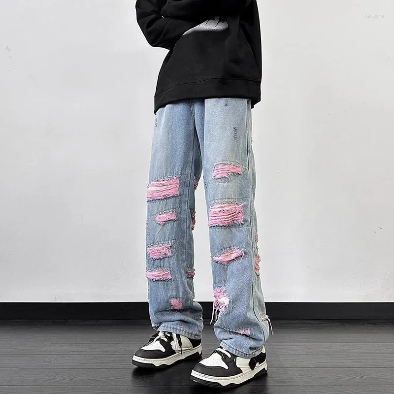 Pantalones para hombres American Ripped Jeans Hombres High Street Hip-Hop Casual Suelto Mediados de cintura Pierna recta Longitud completa Versátil Moda Denim Masculino