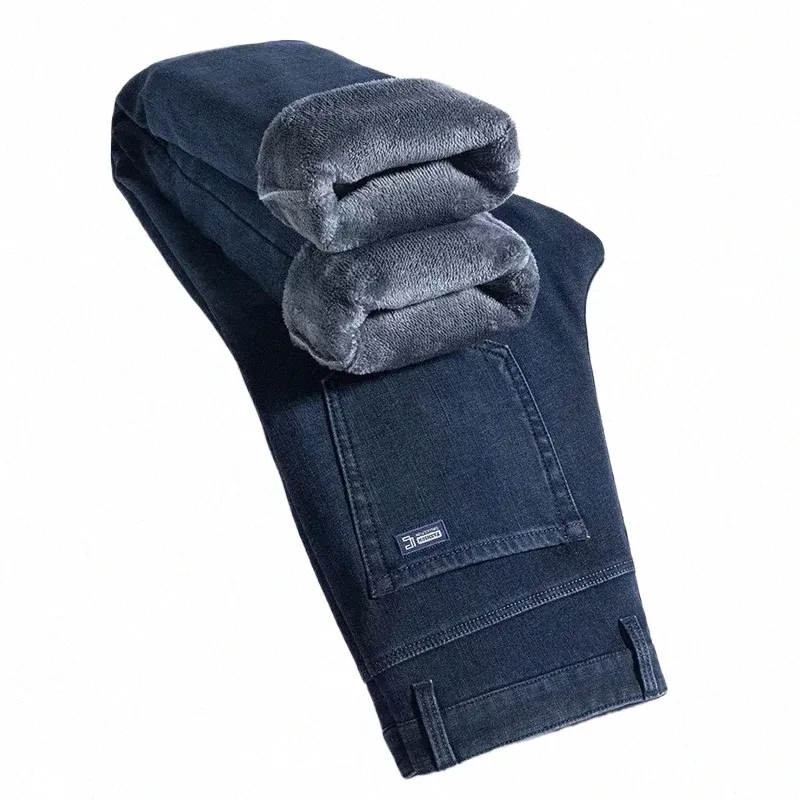 2024 Mężczyźni Winter Warm3 Kolor prosto thcik polarne dżinsy Fi swobodne workowate klasyczne styl solidne dżinsowe spodnie męskie ubrania 36wv#
