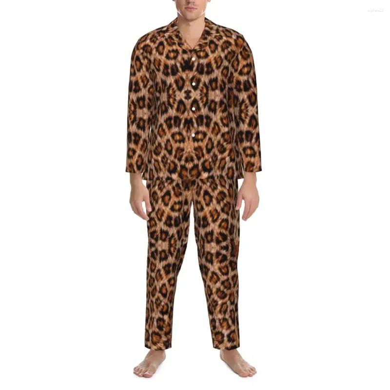 Abbigliamento per la casa Pigiama con stampa leopardata Pelle di animale dorata Indumenti da notte alla moda Uomo Manica lunga Camera da letto casual Indumenti da notte in due pezzi Grandi dimensioni