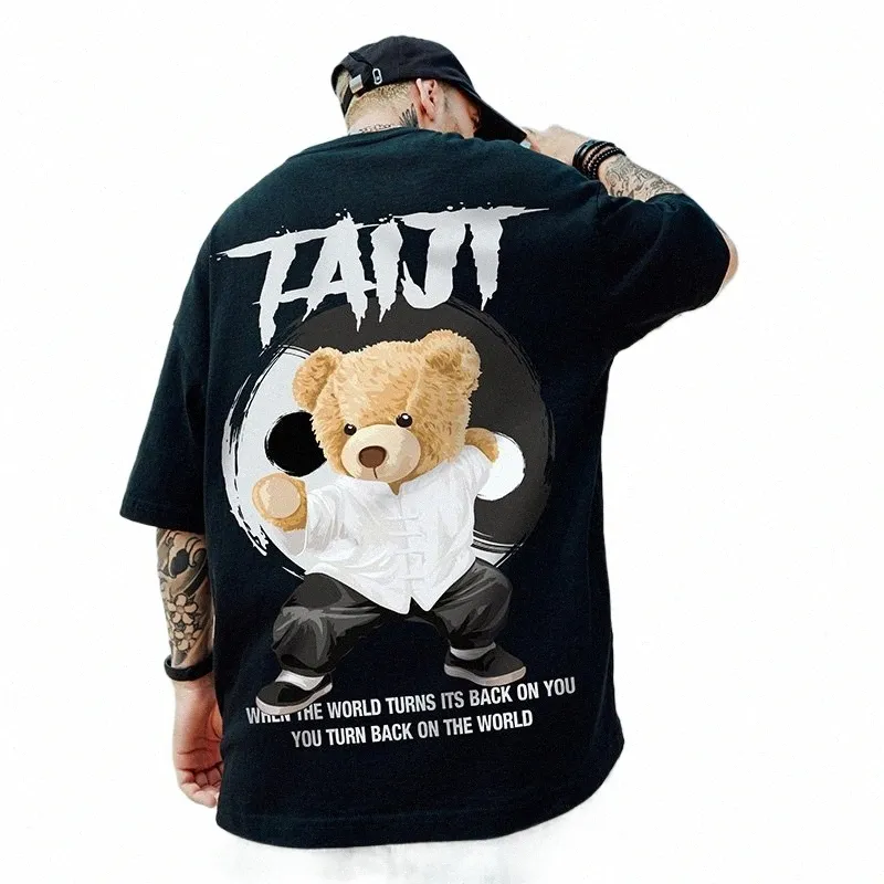 Tai chi bear print t camisa masculina 100% cott verão manga curta t y2k estilo anime topos de grandes dimensões t camisa streetwear 8xl 25ze #