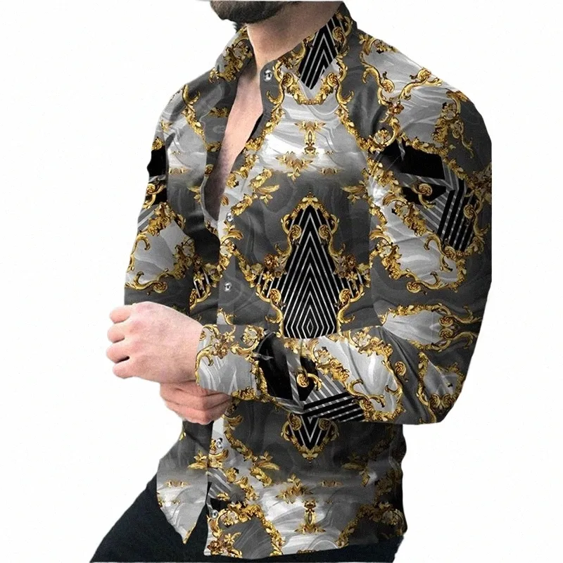 Luksusowy Fi Męska koszula towarzyska swobodna łańcuch lamparta Koszula LG Sleeve Streetwear Wysokiej jakości mężczyźni Rozmiar S-5xl 15zp#