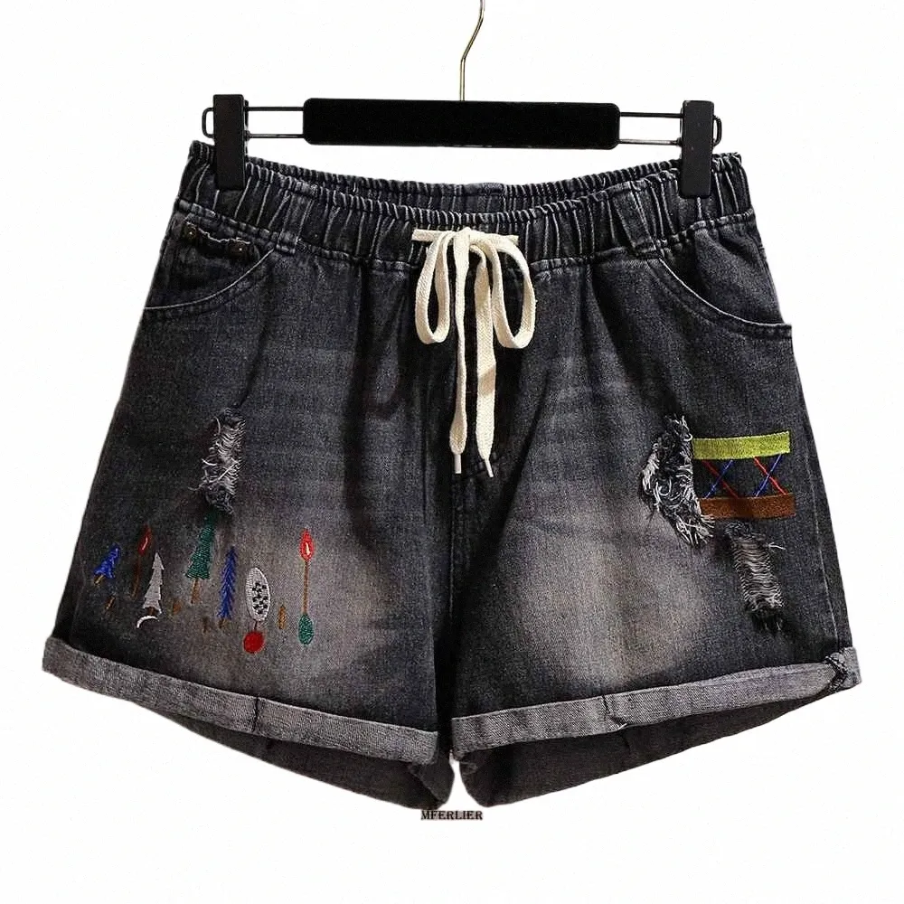 Plus storlek 6xl 150 kg svart sommarbroderi jeans shorts avslappnad stor denim shorts hål kvinnor korta byxor w0iw#