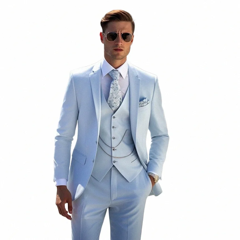 stevditg Abiti blu cielo per uomo Risvolto con risvolto monopetto in raso Elegante giacca a 3 pezzi Pantaloni Gilet Slim Fit Costume da sposa A8ak #