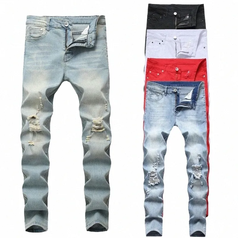 azul elegante joelho rasgado Slim Fit Distred Stock Jeans Pant Plus Sizes Denim Men Clothes Jeans Men d1o1 #