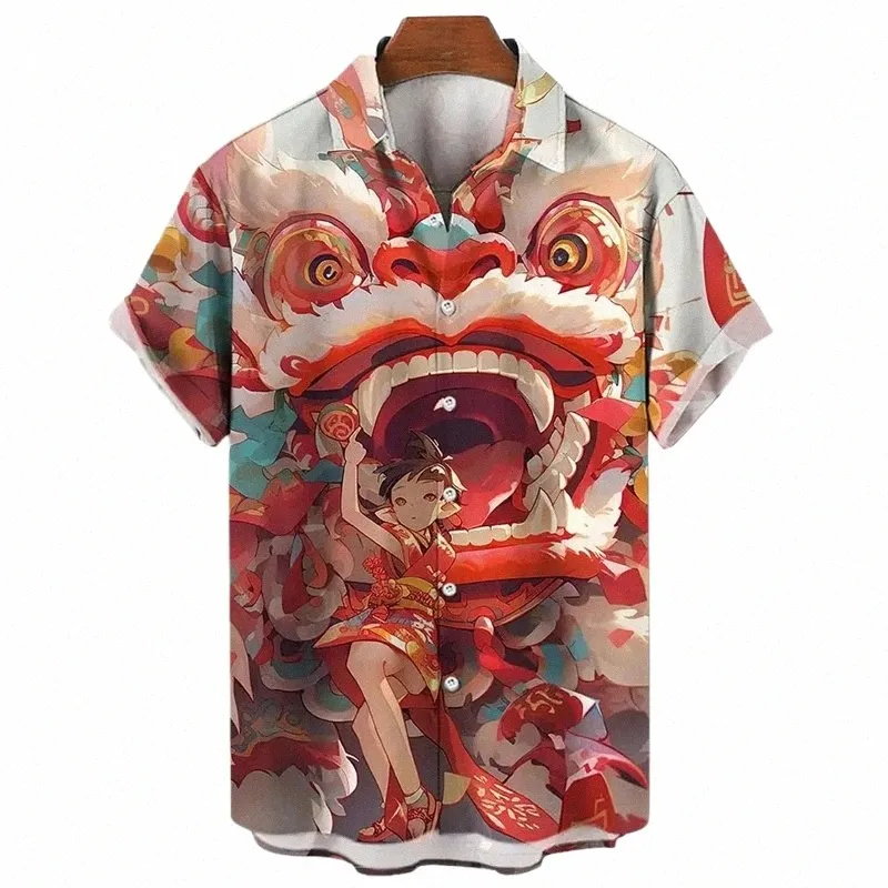 Fi Hawaiian Shirt Mannen 3d Li Dance Gedrukt Nieuwjaar Korte Mouwen Harajuku Tops Holiday Party Oversized Revers Shirts 11Ig #