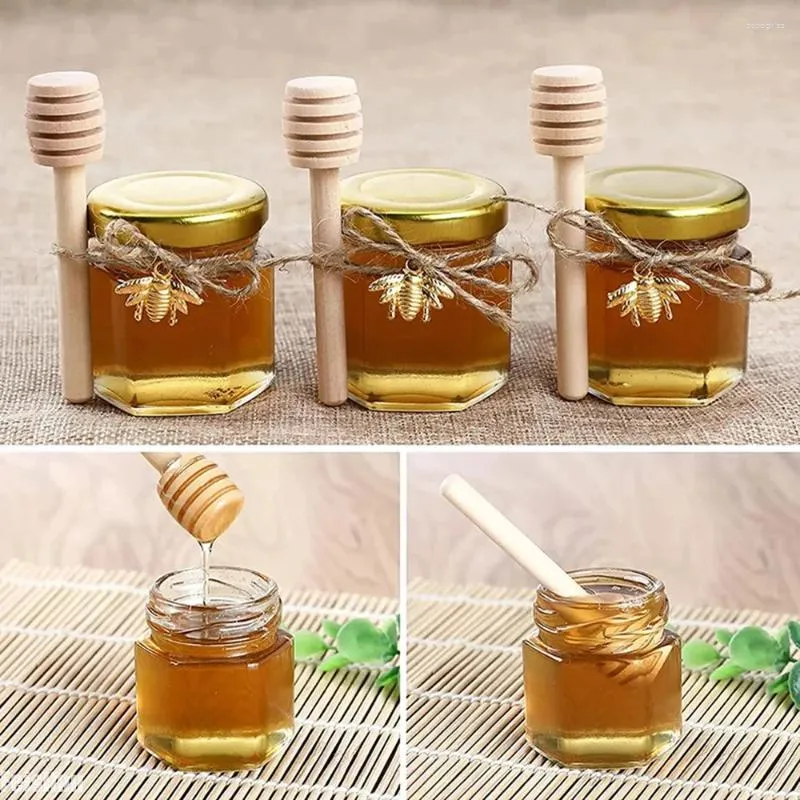 Bouteilles de stockage 20pcs 1,5 oz hexagone mini pots de miel en verre confiture collation avec bois Dipper abeille pendentifs corde