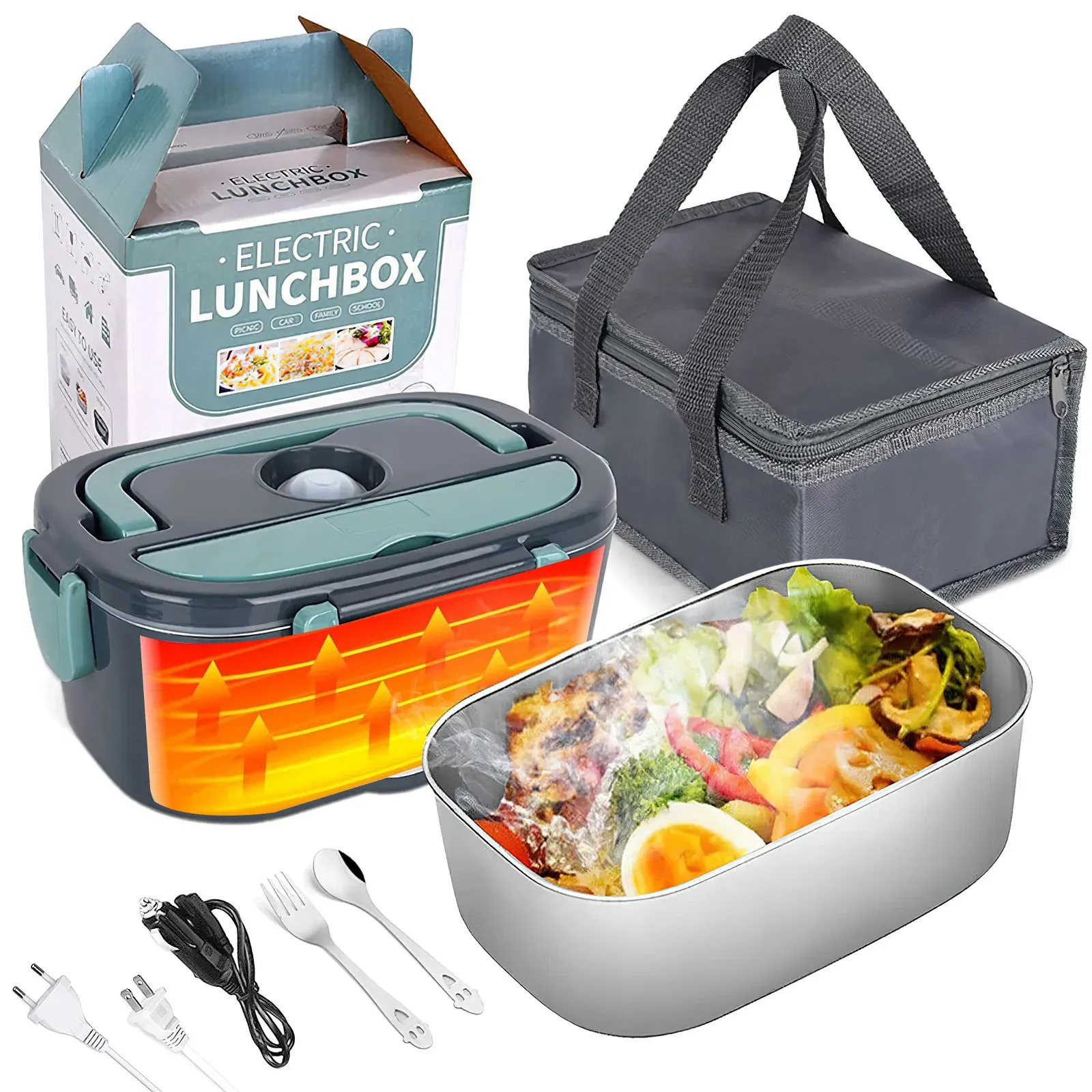 2 In1 Hem Bil Electric Lunch Box Rostfritt stål Matvärme Bento 12V 24V 110V 220V Uppvärmd Warmer Container Set 240320