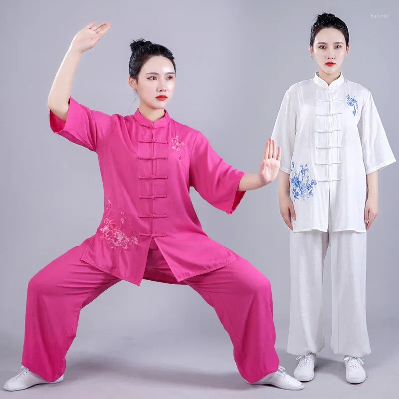 Этническая одежда женская 2024 летняя свободная повседневная одежда с короткими рукавами для ушу, модная одежда с вышивкой для тай-чи, костюм для боевых искусств