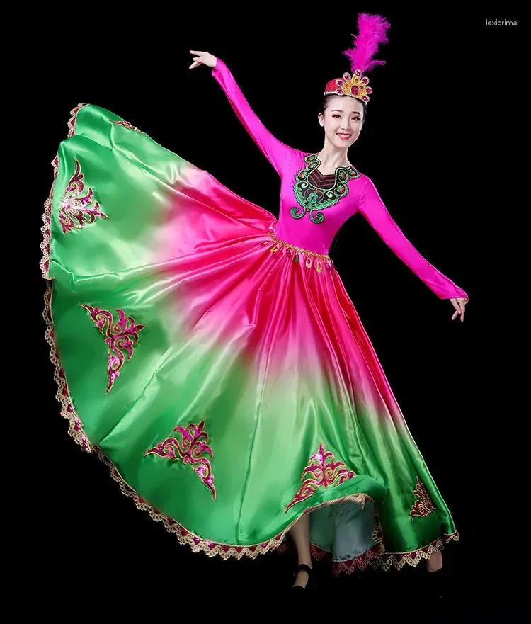 Etnik Giyim Çin Halk Dans Giyim Kadın Emale Uyghur Kostüm Tarzı Elbise Büyük Salıncak Etek Yıl Sahne Performans Giysileri