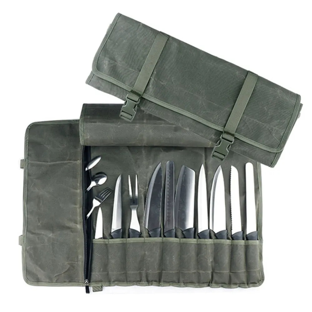 Storage Portable Chef Knife Bag Oil Wax Canvas ScratchResistant Roll Bag For Chef Carry Outdoor Cooking Storage Pockets Knife Tools Bag