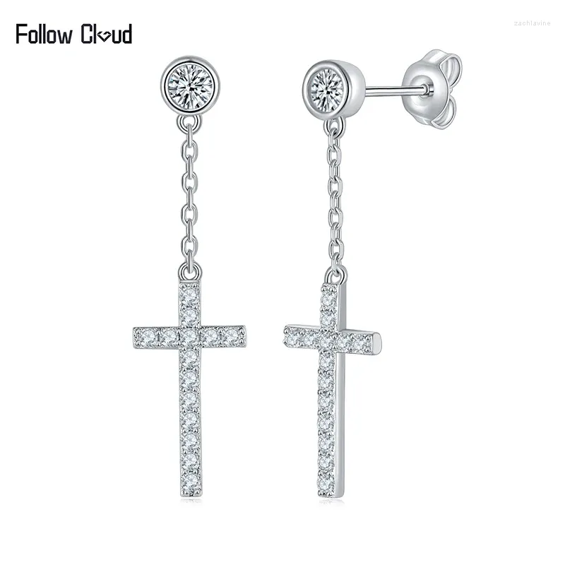 Kolczyki Dangle podążaj za chmurą 0,5ct 925 Srebrny srebrny krój 3 mm Dolor Moissanite łańcuch łańcucha krzyżowego dla kobiet drobna biżuteria