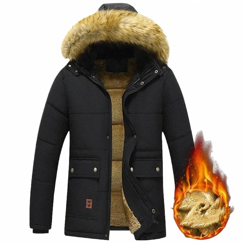 Heren Winter Bontkraag Dikke Warme Parka Winddicht Fleece Gevoerd Afneembaar Capuchon Mannelijke Cott Uitloper Jassen Casual Jas p6Ji#