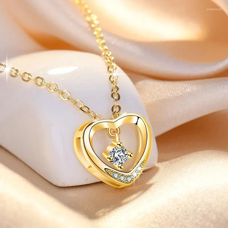 Pendentifs Classique Zircon coeur pendentif avec pierres femmes bijoux mode 925 en argent Sterling clavicule chaîne femme or Rose collier dame