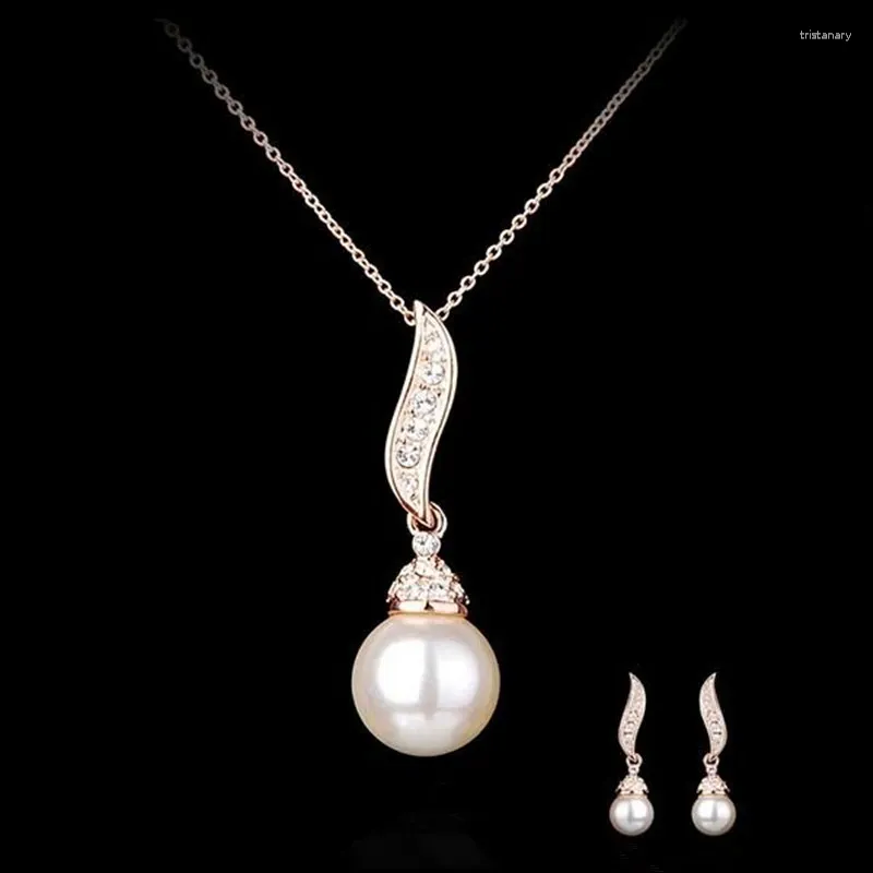 Halsbandörhängen Set Gold Color Imitation Pearl Sets Gift for Woman Wedding Jewelry Style