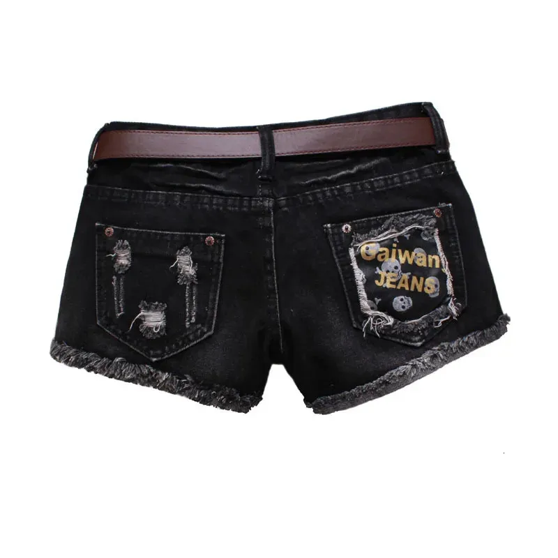 Womens Ripped Jean Shorts Black Print Letters Summer Denim Tassel Low Waist Mini Jeans 240323