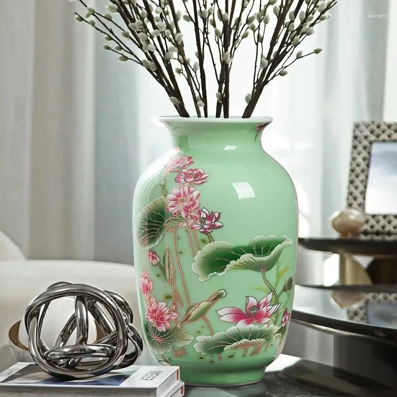 Vases Porcelain Vase Ornament Living Room Flower Arrangement Dry Antique Lotus Pattern Light Green Glaze