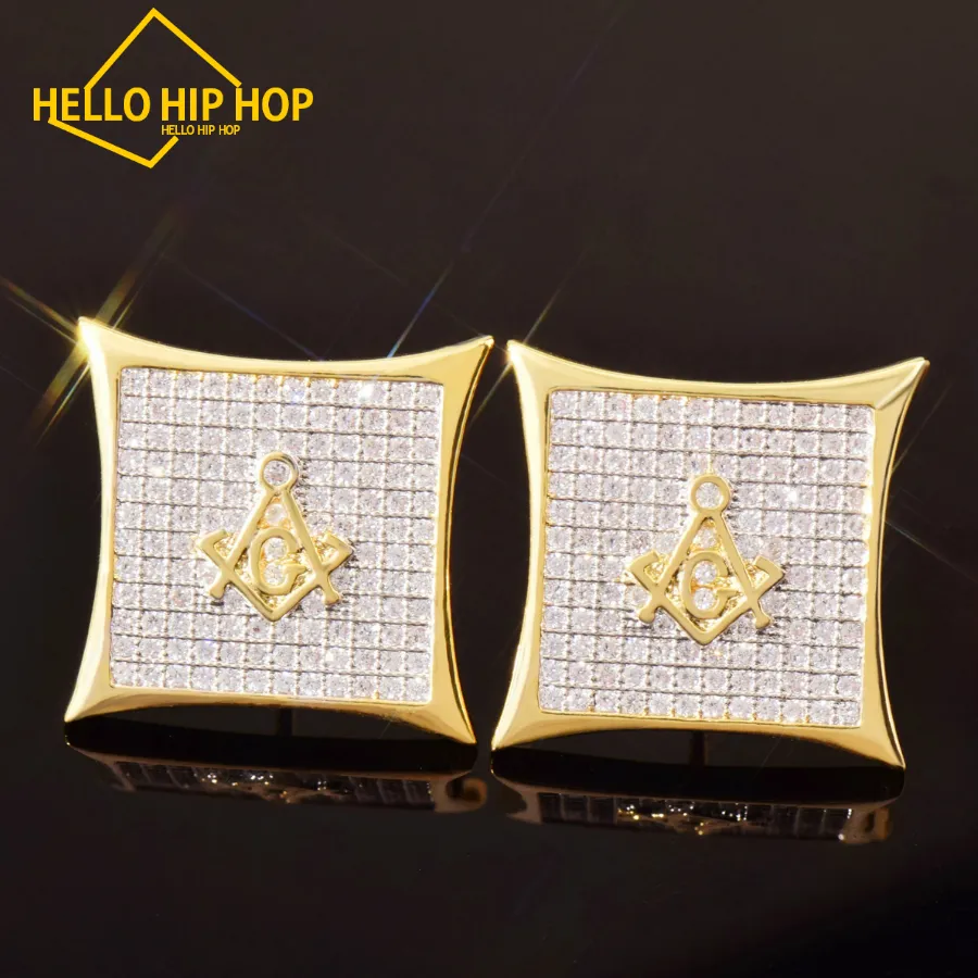 Hello hip-hop 15MM Freemasonry Earring Screw Back Iced Out Cubic Zirconia Men Women Square Stud Earring Hip Hop Jewelry Best Gift